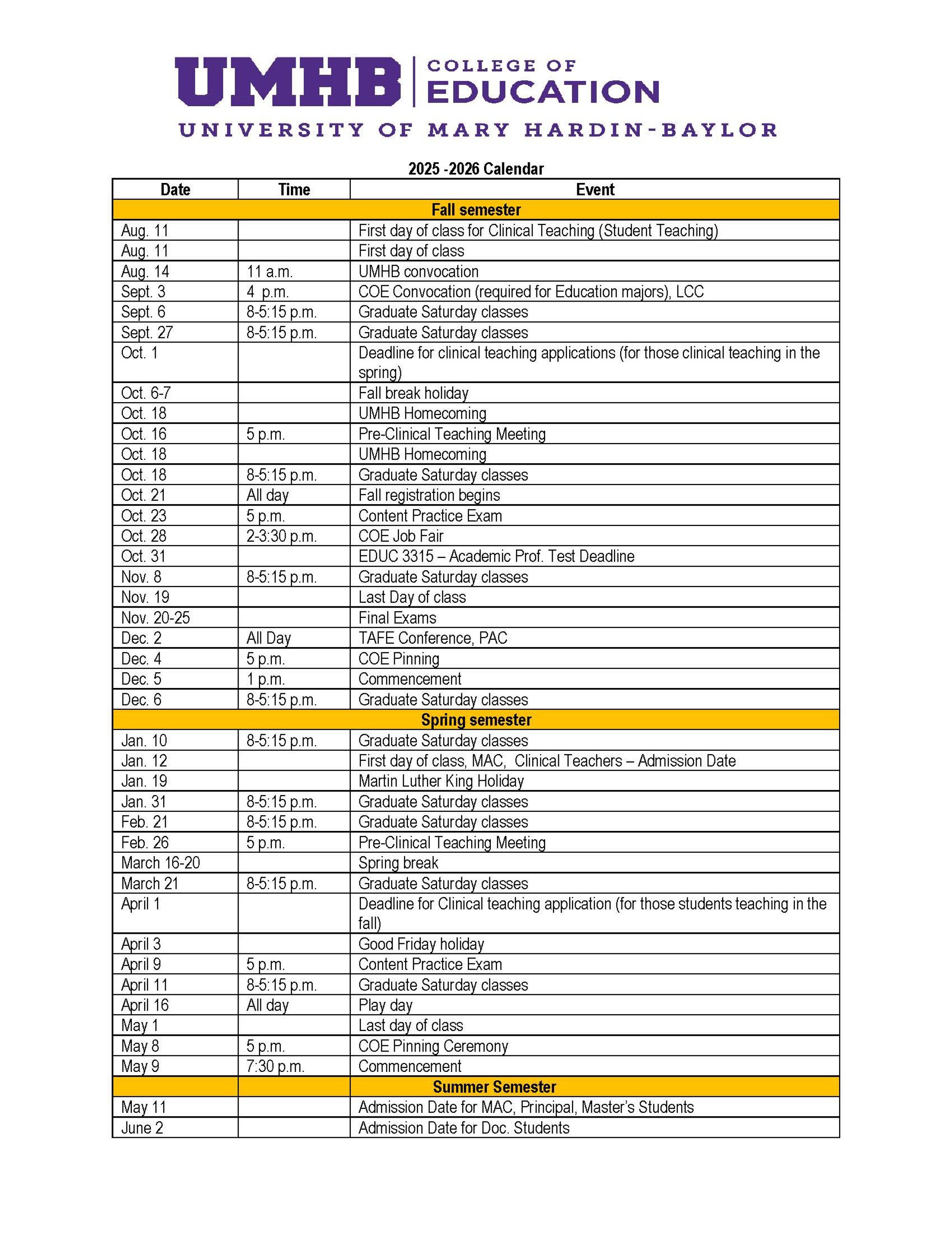 College of Education Calendar for 2025-2026 Academic Year College of Education Calendar for 2025-2026 Academic Year