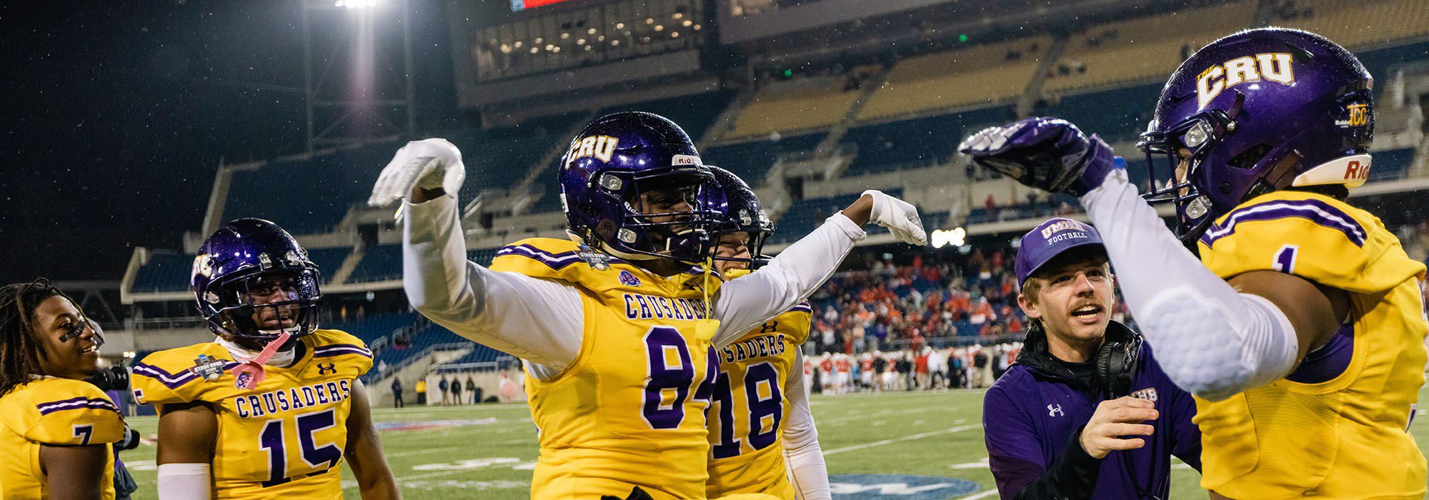 Sport management degree student working as a coaching assistant for 2021 Stag bowl victory for  football.