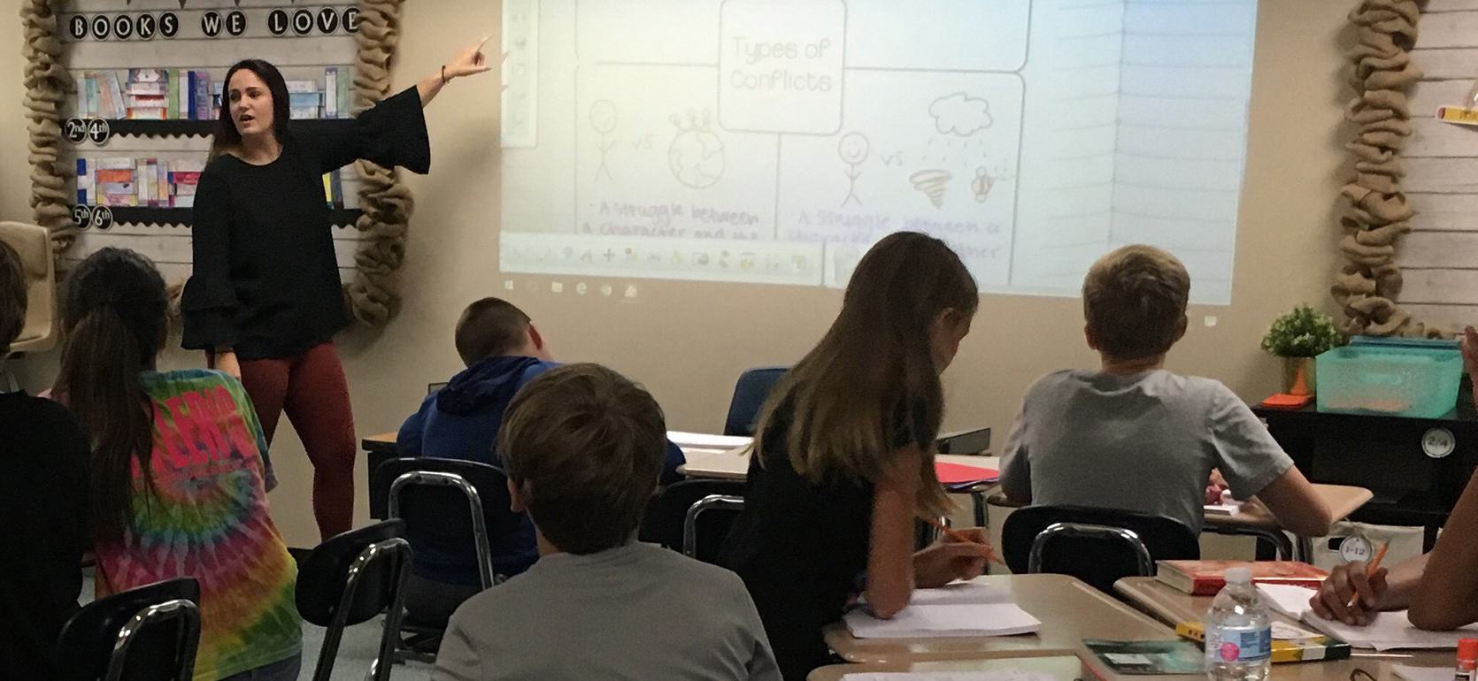 Education students learning from College of Education professor at UMHB.