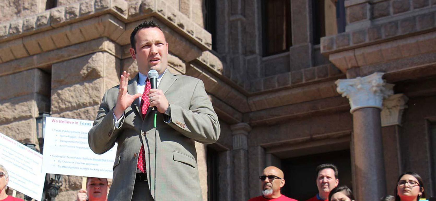 Major in Political Science Alumni from UMHB, avdvocating for Texas school children at politcal rally.